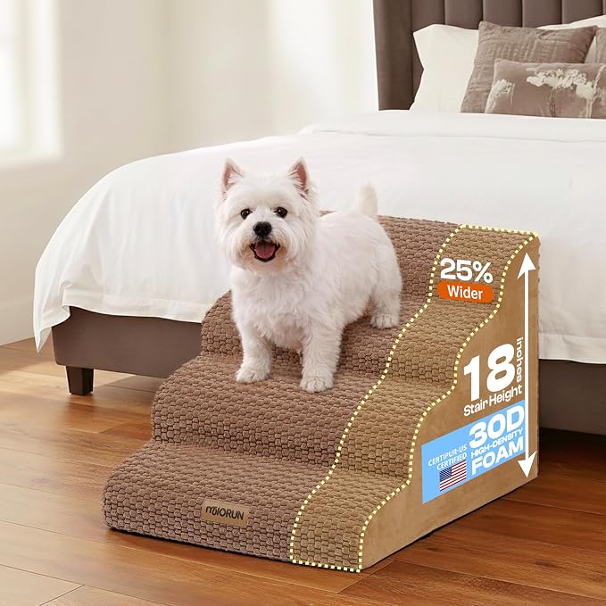 Extra Wide 4 Steps Dog Stairs for Bed & Couch 18" H, More Stable Non-Slip Dog Ramps with Gentle Slopes, Stylish Indoor Pet Steps for Medium & Large Dogs, Coffee
