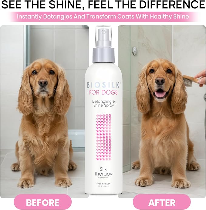 BioSilk for Dogs Silk Therapy Detangling and Shine Spray, 8 Fl Oz, 2-Pack | pH-balanced, paraben-free leave-in mist with silk and vitamins, dematting spray for all coats and breeds