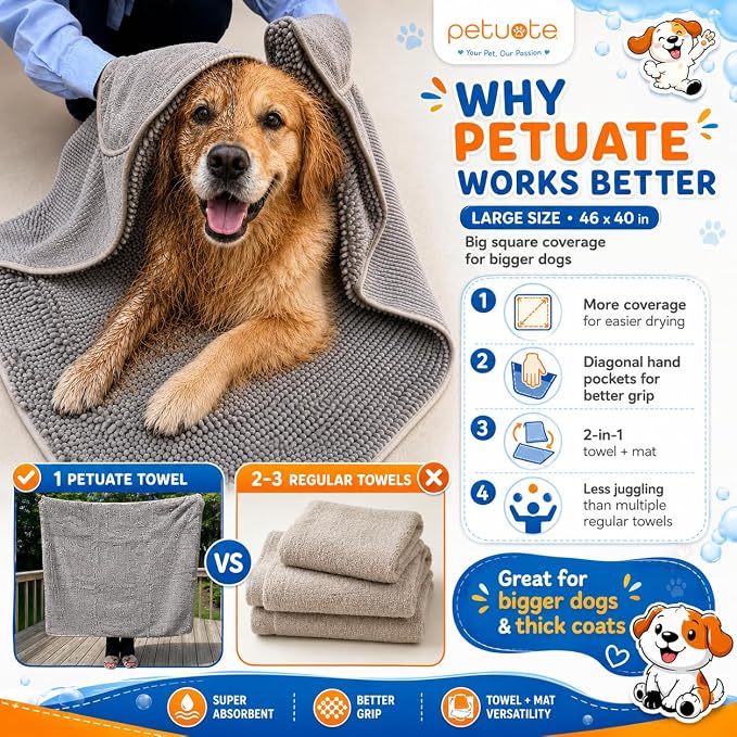 Pet 2-in-1 Dog Towel & Mat – Transforms from Drying to Bath Mat, Ultra Soft, Absorbent & Quick-Drying, Machine Washable Dog Towels with Detachable Non-Slip Mat and Hand Pockets (Large)