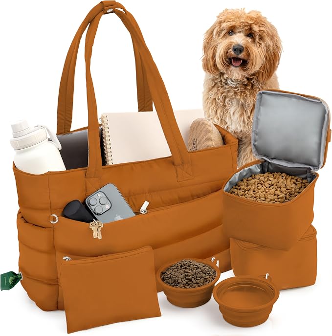 rubyloo Puffer Dog Travel Bag with Bowls & Food Storage, Rust