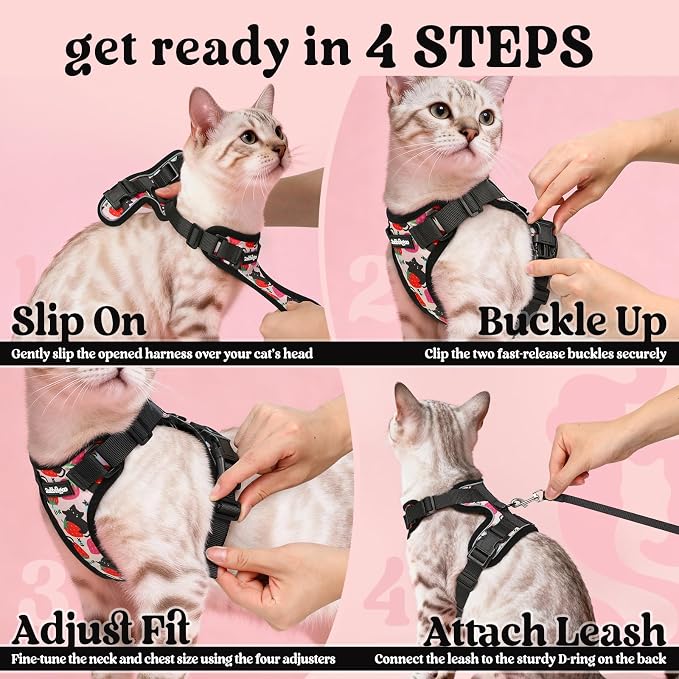 rabbitgoo Cat Harness and Leash Set, Escape Proof Vest, Berry Pounce | Soft Breathable Mesh, Easy Adjustable Fit, Snap Buckles, Sturdy Clip, Reflective Strips, for Kittens & Small Cats Walks, Xxs