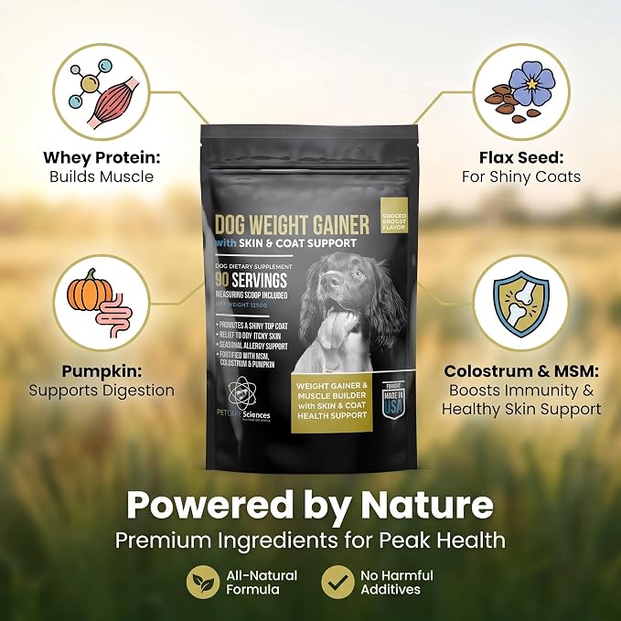 Dog Weight Gainer with Skin & Coat Support - Weight Gain Supplements for Dogs - Canine and Dog Muscle Builder - Protein Powder - High Calorie Food Supplement - 90 Servings