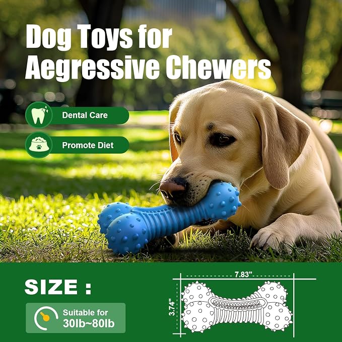 Dog toys for Aggressive Chewers Rubber- This Large, Tough and Heavy Bone with Natural Bacon Flavor are Excellent Dog Chew Toys for Large Dogs to Care Their Teeth Dental, Relief Boredom, Blue