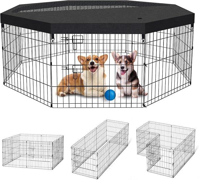 Artmeer Pet Playpen Puppy Playpen Kennels Dog Fence Exercise Pen Gate Fence Foldable Dog Crate 8 Panels 24 Inch for Pet Animals Outdoor Indoor with Top Cover (Black with Top Cover)
