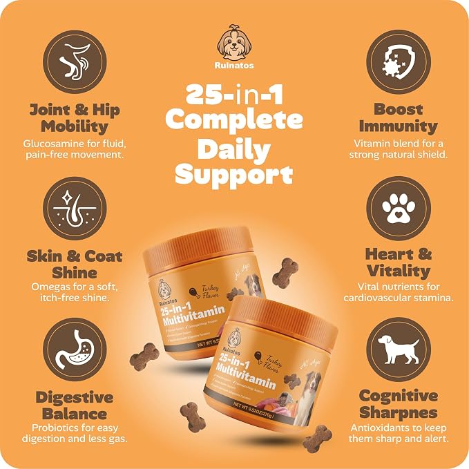 25-in-1 Dog Multivitamin, Chewable Supplements for Hip & Joints, Immune System, Gut & Digestive, Calming & Allergy Support, Omega 3 for Puppy & Seniors Dogs - 90ct (Turkey)