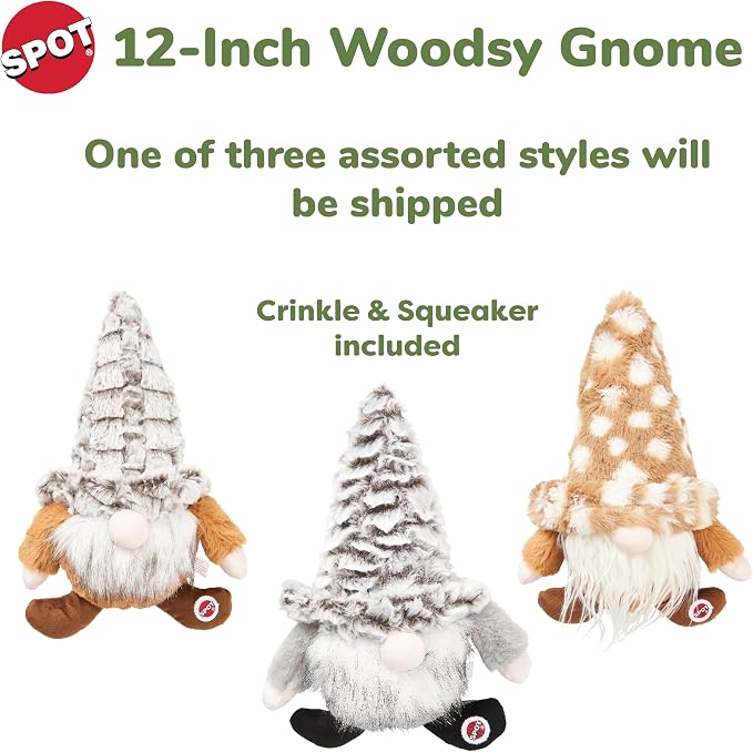 SPOT Woodsy Gnome Dog Toy - Soft, Stuffed, Squeaky, Plush Fabric Toy for Medium and Large Dogs and Puppies, Enrichment for Light Chewers and Cuddlers, 12in, Assorted Colors