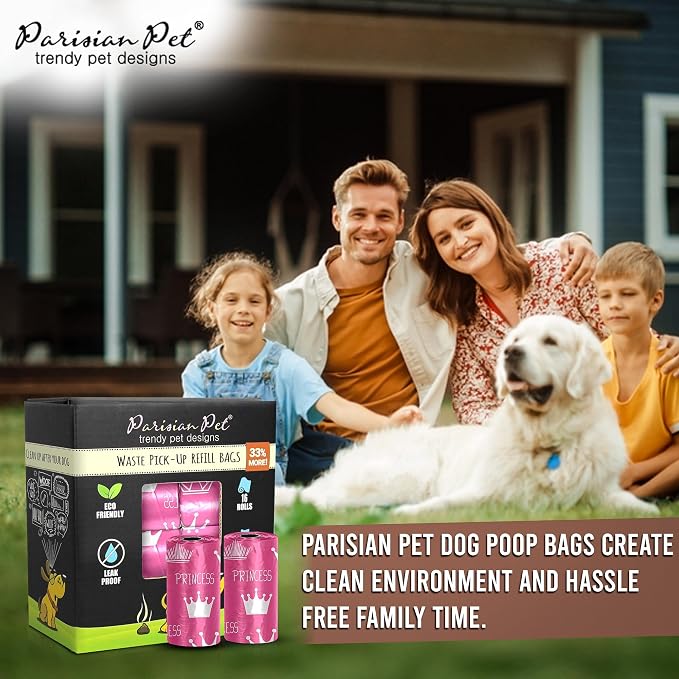 Parisian Pet Ecofriendly Dog Poop Bags Rolls - 320 Count Unscented Poop Bags For Dogs - Leakproof, Extra Thick, 16 Dog Waste Bags Refill Rolls - Princess Pink Doggie Poop Bags - Fits All Dispenser