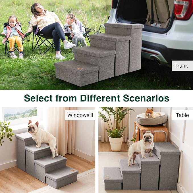 Love's cabin Dog Stairs for Small Medium or Large Dogs with Storage and Adjustable Steps, Foldable Cat Steps for Bed or Couch, 4-Step Gray Folding Ramp with Zip up to 200 lbs, Solid Grey
