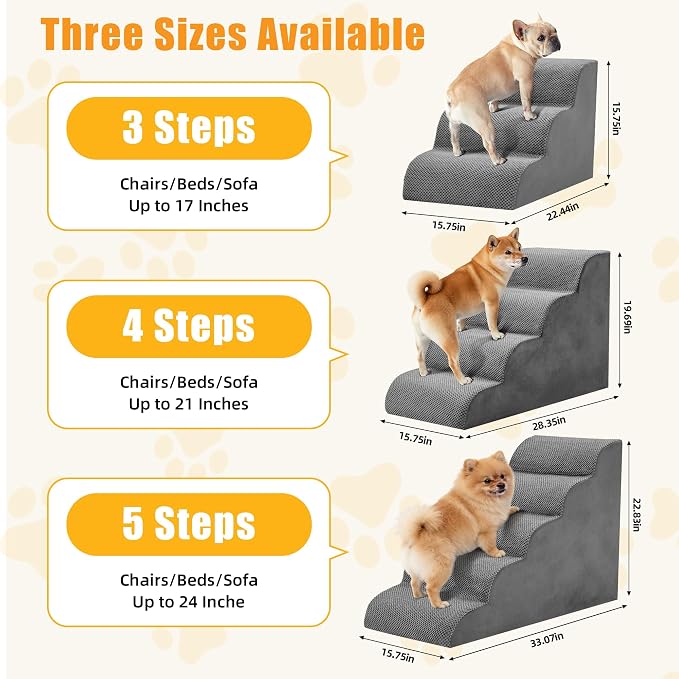 3-Step Dog Stairs for Small Dogs and Cats, 16" H Dog Steps for Couch, Sofa, Chair, Durable Non-Slip Sturdy Pet Steps, Pet Ramp for High Bed Indoor, Grey