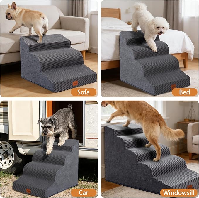 Dog Stairs for Small Dogs,15.7" H,3-Step Curved Pet Ramp for Bed Couch Sofa and Chair,Non-Slip Pet Steps for Injured & Senior Pets with Washable Cover and Durable High Density Foam,Grey
