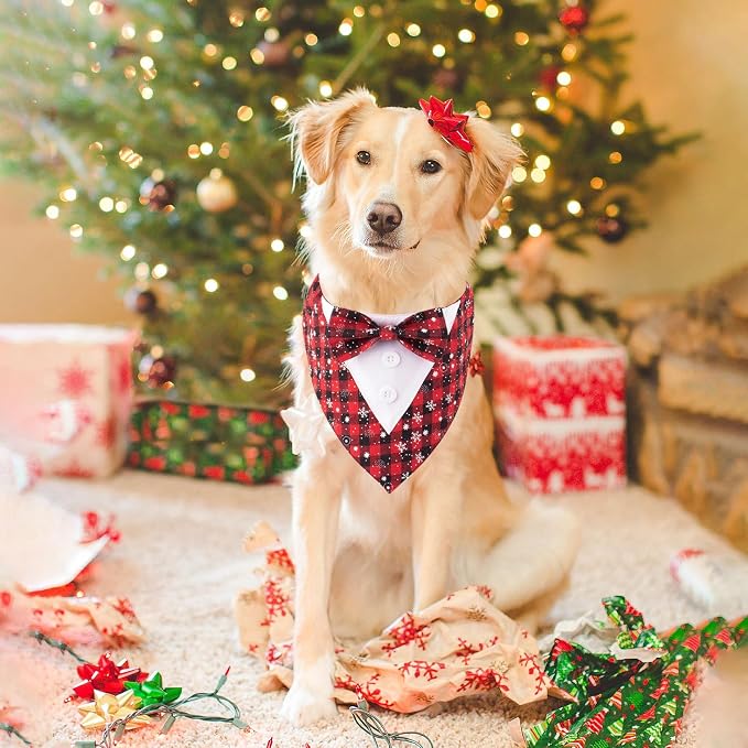 Adjustable Red Plaid Christmas Dog Tuxedo Bandana with Bow Tie, X-Small, XS, Red