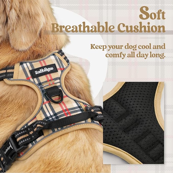 rabbitgoo Dog Harness, No Pull Medium Sized with 2 Leash Clips, Pet Vest | No Choke with Handle, Adjustable Soft Padded, Reflective, Easy Control for Walking, Beige Plaid, Medium