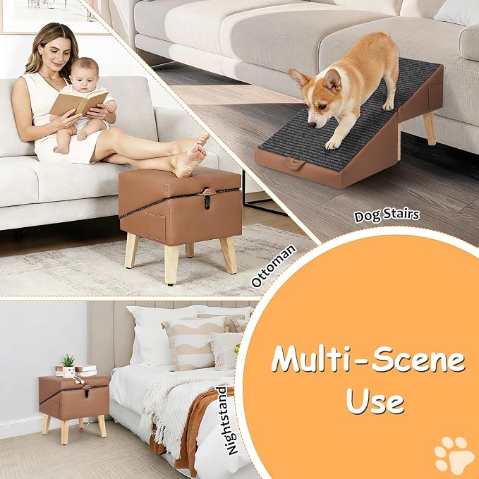 2-in-1 Foldable Dog Ramp for Couch and Bed, 14.4" H Dog Ramps for Small Dogs and Cats, Wooden Pet Stairs with Non-Slip Mat & Side Pockets, Split Ottoman Pet Ramp Steps for Medium Dogs, Puppy