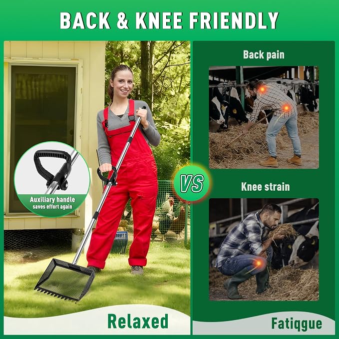 TOOGE Large Chicken Poop Scooper: 2-in-1 Metal Pooper Scooper & Rake Adjustable 62" Long Handle Stainless Steel Sand Sifting Litter Shovel Chicken Coop Scoop Cleaning for Bedding Goats Bright Black