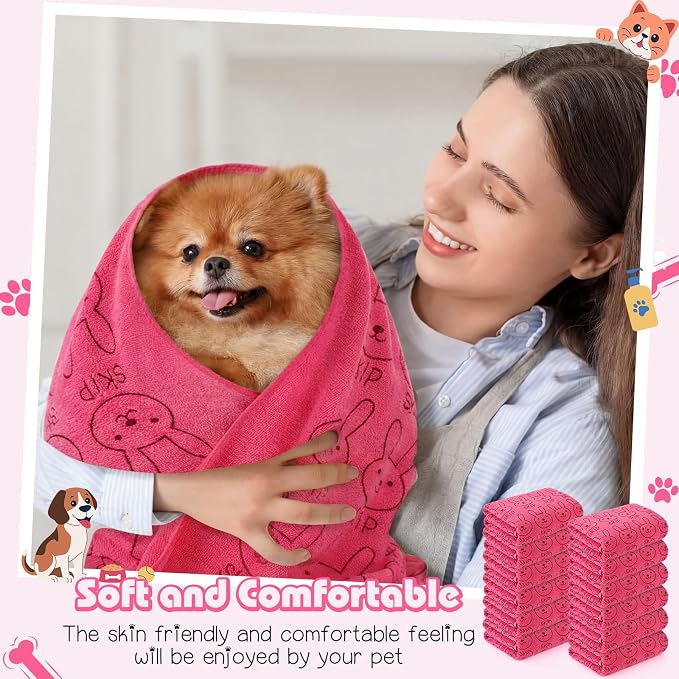 Irenare 12 Pcs Microfiber Dog Towels for Drying Dogs Cats, 20 x 40 Inch, Quick Drying Absorbent Pet Puppy Towels for Small Puppy Dog Cat Kitten Pet, Grooming Bathing Shower Travel Supplies(Pink)