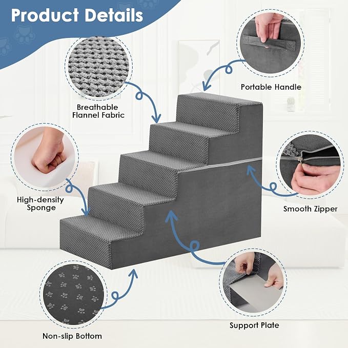 DUMOS Dog Stairs for Small and Medium Dogs, 5-Step Pet Steps with High-Density Foam, Indoor Non-Slip Pet Ramp for Puppy and Older Dogs Cats, Dog Bed Stairs for Couch and Sofa, Grey