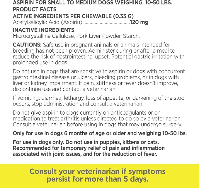 Vetality Canine Aspirin for Dogs | Fast Pain Relief | Small to Medium Dogs | Liver Flavor | 75 Chewable Tablets