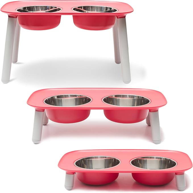Messy Mutts Elevated Double Dog Feeder, Adjustable Height, Watermelon | Adjustable-Height Elevated Double Dog Feeder With Two 5 Cup Stainless Bowls, Legs Set To 3, 5, Or 10 Inches