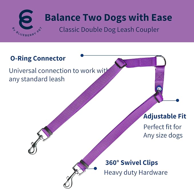 Blueberry Pet Essentials Durable Classic Double Dog Leash Coupler, Dark Orchid, Small, Dual Walking & Training Leashes for Two Dogs