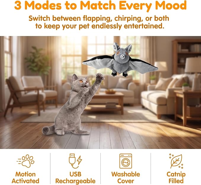 Flying Bat Dog Toy, Motion Activated Flapping Bat Cat Toy with Realistic Wings and Chirping Sounds, Rechargeable Remote Control Halloween Toy for Indoor Cats, Kittens and Small Dogs，2PCS