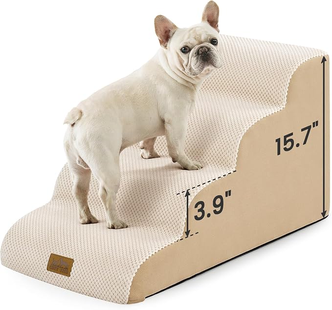 COZY KISS Dog Stairs for Small Dogs, 4 Step Pet Stairs for Beds & Couches | 15.7" H Curved Non-Slip Foam Dog Steps with Washable Cover for Puppies, Older Cats & Small Dogs, 15.7x28.3x15.7 in, Beige