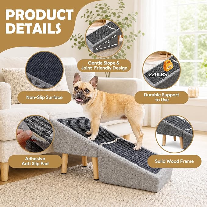 16" H Dog Stairs & Ramp for Small Dogs, 2-in-1 Foldable Wooden Dog Ramp for Low Bed and Couch, Non-Slip Split Ottoman Pet Ramp, Safe for Puppies, Senior, Injured Dogs, Grey