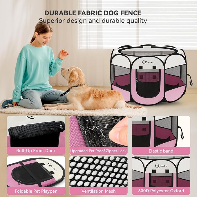 Siedihit Pink Puppy Playpen for Large Dog Cat, Dog Tent Crates Cage Indoor/Outdoor, Portable Pop Up Dog Kennel with Carrying Bag for Rabbits, (Pink, Large)