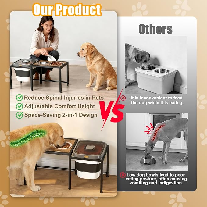 Elevated Dog Bowls with Storage Container ，Raised Dog Bowls for Large Dogs，15-18 lb Airtight Dog Food Storage Container, Adjustable Height Feeding Station