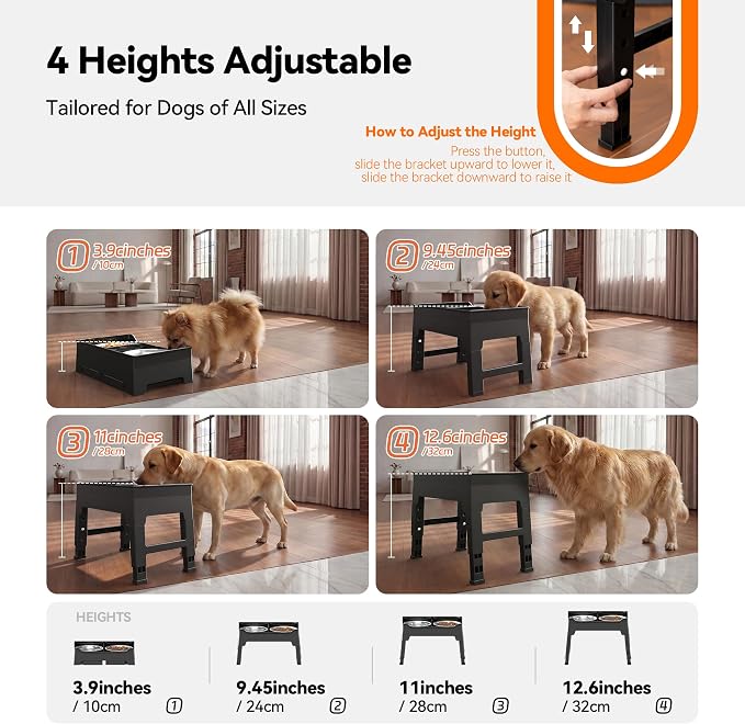 CZPET Elevated Dog Bowls Mess Proof with Splash Guard 4 Heights Adjustable Raised Stand with 2L (67 oz) Stainless Steel Bowls, Lifted Food Water Feeder for Small, Medium & Large Dogs