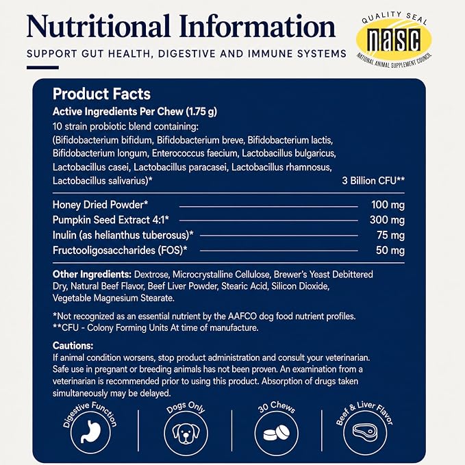 Probiotics for Dogs - Dog Probiotics Chews 10 Strain 3 Billion CFUs, Pre & Postbiotics for Gut Health - Supports Occasional Diarrhea, Immunity, Energy and Skin & Coat - Beef Flavor, 30 Chews