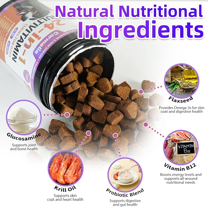 Carmelie Dog Vitamins, 24 in 1 Dog Multivitamins is Human Grade, 200 Chews | Premium Glucosamine Probiotics Omega-3, for Hip & Joint, Itch Relief, Skin & Coat, Immune, Digestive, Puppy & Senior, Chicken