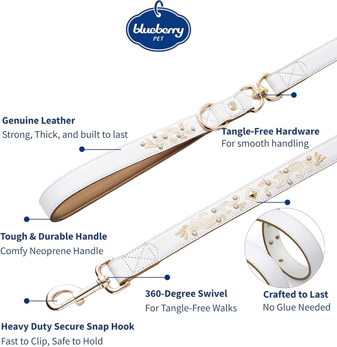 Blueberry Pet Elegant Western Luxury White Leather Dog Leash with Gold Baroque Design