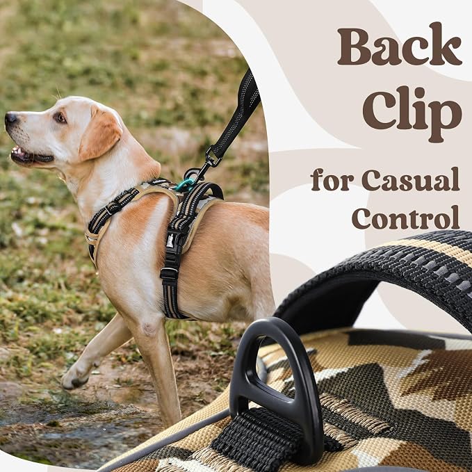 rabbitgoo Dog Harness Medium Sized, Updated Easy On & Off with 3 Buckles | No Pull No Choke, Walking with 2 Clips and Handle, Adjustable Soft Reflective, Desert Ridge, Medium