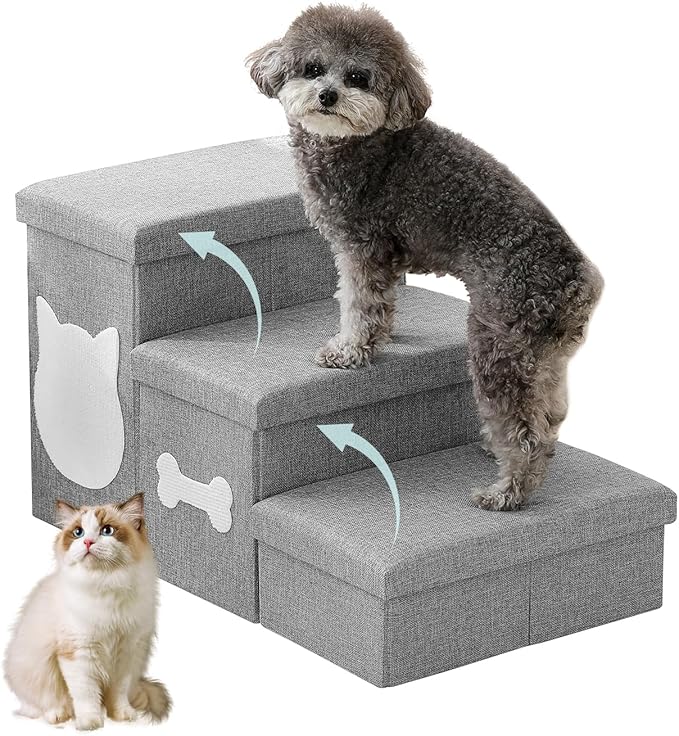 3-Step Wider Dog Steps for Bed 17" H, Foldable Dog Stairs with Storage, Non-Slip Pet Steps for Small Medium Large Dogs, Arthritis-Friendly Pet Stairs for Couch and Car Up to 200 lbs, Grey
