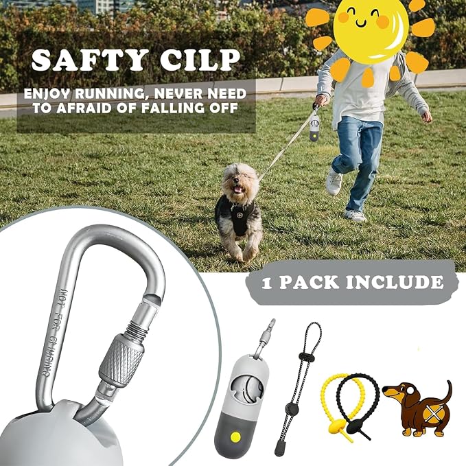 Dog Poop Bag Holder with LED Flashlight for Night Walks,Silicone Tether & Dachshund Pattern Clip for Used Bags,Hands-Free Metal Leash Carabiner,15 Scented Waste Bags(Light Grey)