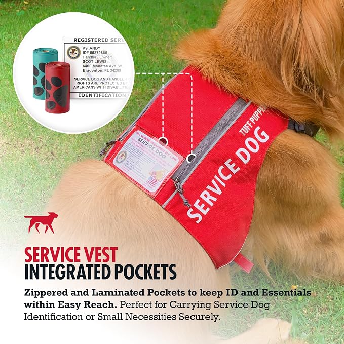 Tuff Pupper Service Dog Vest with ID Pocket | No Leash Attachment | Quick-Release Magnetic Buckles | Reflective Trim | Adjustable Fit | Comfortable & Durable | Designed for Small Dogs (Red, Medium)