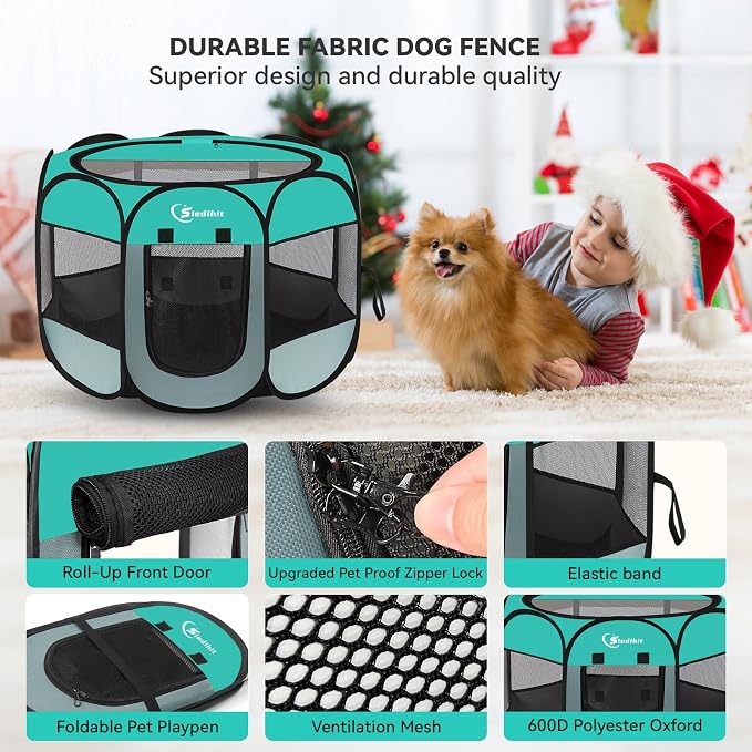 Siedihit Playpen for Middle Dog Cat, Dogs Tent Crate Cage Indoor/Outdoor, Portable Pop Up Dog Kennel with Carrying Bag for Rabbits, Removable Top (Green, Medium)