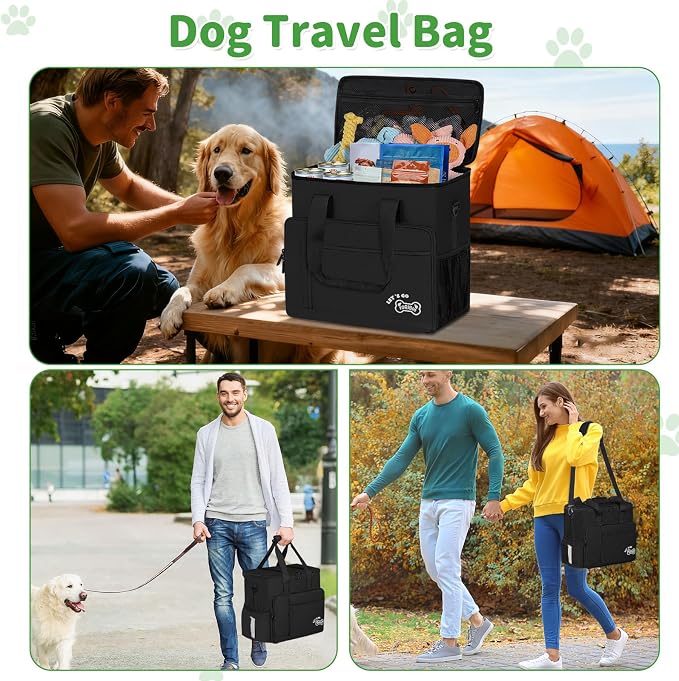 TORIBIO Dog Travel Bag,Large Pet Travel Bag for Supplies with 2 Food Container and Collapsible Bowls,Dog Travel Supplies Organizer Kit for Weekend,Road Trips,Camping