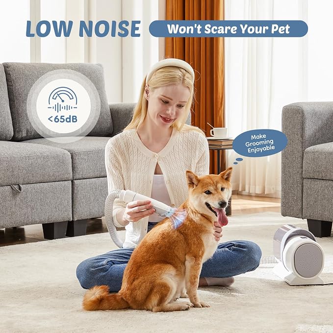 DUMOS Pet Grooming Vacuum Kit, 3 Adjustable Suction Modes, 2.5L | Dog Hair Clipper, 5 Professional Grooming Tools with Low Noise Cat Hair Clippers, Ivory