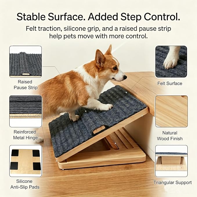 3 Pack Dog Ramp for Stairs – Solid Wood Adjustable & Foldable, 4 Heights, Non-Slip Silicone Base, Traction Felt, Raised Pause Strip, 35lb for Small & Senior Dogs