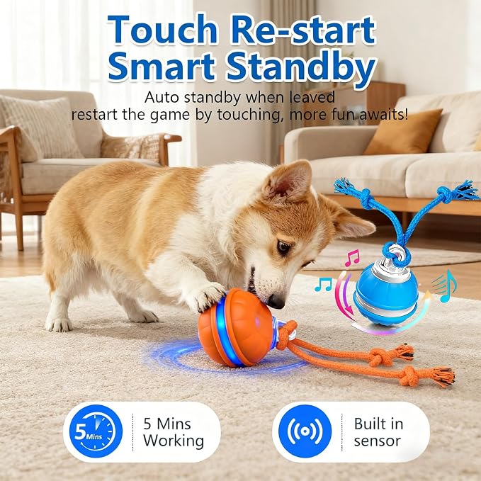Interactive Dog Ball Toy for Small Dogs, Motion Activated Rolling Ball | Motion Activated Rolling Dog Ball Toy with Birdsong Squeaky & Chewable Rope | Peppy Fetch Toy to Keep Small Dogs Busy