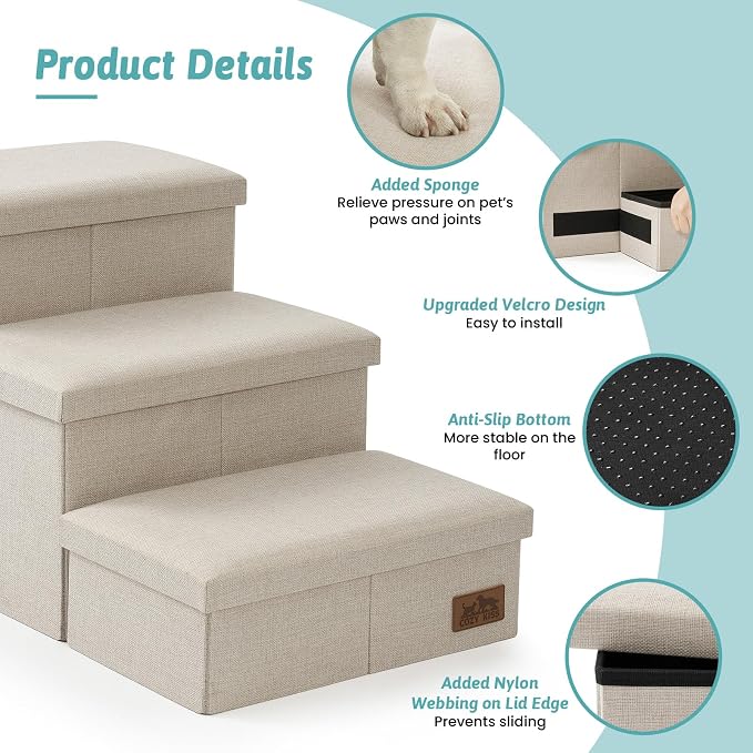 Dog Stairs with Storage, 3-Step Wider Sturdy Dog Steps for Small/Medium/Large Dogs and Older Cats, Doggie Ramp with Condo for Bed/Couch/Car Hold Up to 180 lbs (17.7" H, Beige)