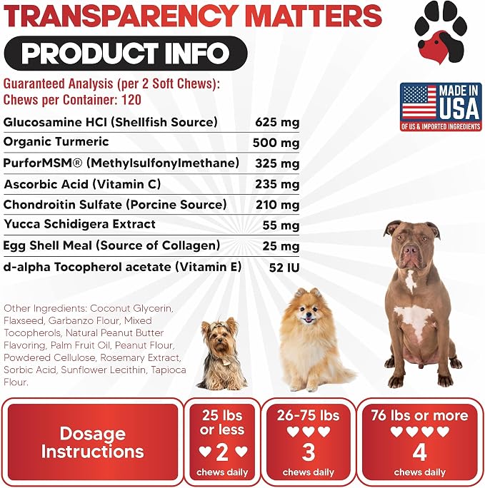 Glucosamine for Dogs Hip and Joint Supplement - Arthritis Support 120 Chews