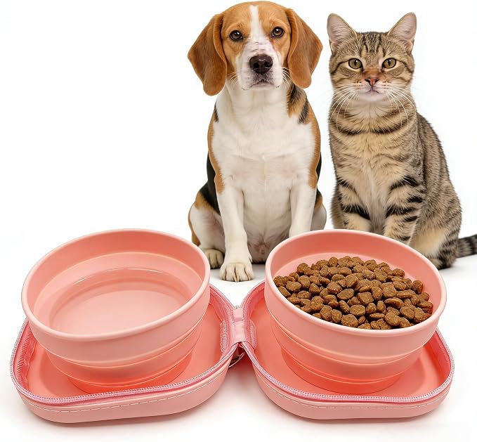 Portable Collapsible Dog Bowl, 2-in-1 with Carabiner Clip, Pink