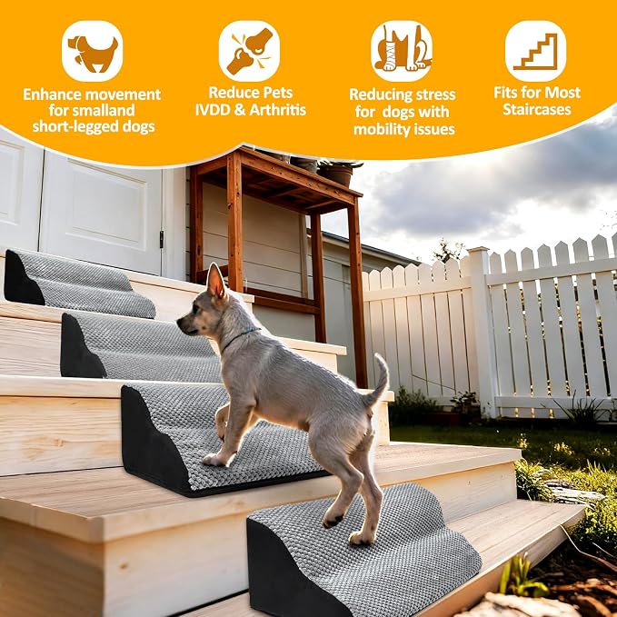2-Step Dog Ramp for Stairs, Non-Slip Dog Stair Ramp, Stair Wedges for Dogs with Self-Sticky Pads to Fix, Low-Angled Pet Steps, for small/medium dogs, puppies, and aging pets needing joint care(2-Pack)