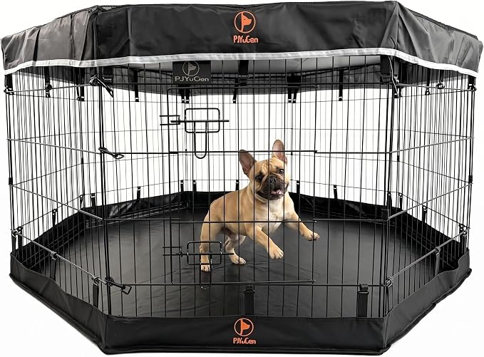 PJYuCien Octagonal Dog Playpen with Top Cover and Bottom Pad - Metal Foldable Exercise Pen, 8 Panels 30" H x 24" W Indoor Outdoor Pet Fence Puppy Crate Kennel, Black