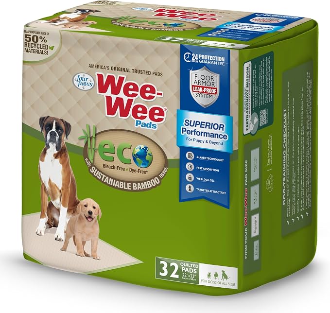 Four Paws Wee-Wee Superior Performance Bamboo Pee Pads for Dogs, Earth Friendly Dog & Puppy Potty Training Pads, Crate Liners, Housebreaking Supplies, 22" x 23" (200 Count)