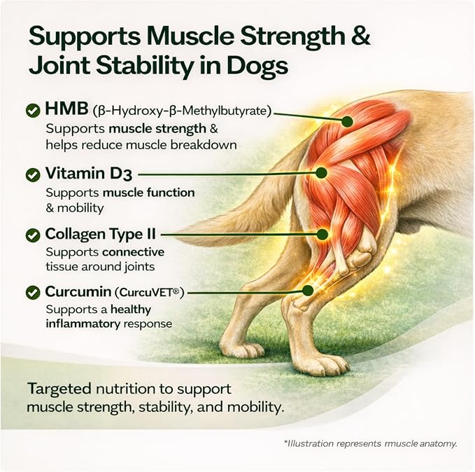 VetriScience HMB Healthy Muscle & Strength Supplement for Dogs, Mobility Support & Muscle Builder with Collagen, Calcium, Vitamin D & Curcumin, Powder, Pork, 8.47 oz - New Look