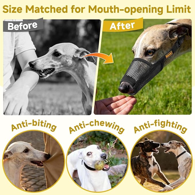 Soft Mesh Muzzle for Greyhound Whippet Long Narrow-Snouted Dogs | Prevent Excessive Biting Chewing Eating, Grooming Nail Trimming Walking Vet Visits Use, Allowing Drinking, Breathable | L