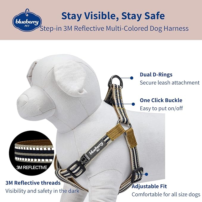 Blueberry Pet 5 Colors Step-in 3M Reflective Multi-Colored Stripe Padded Dog Harness, Chest Girth 20" - 26", Olive & Blue-Gray, Medium, Adjustable Harnesses for Dogs